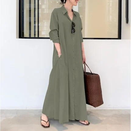 Women's Shirt Dress Maxi long Dress Long Sleeve Solid Color Pocket Button Spring Summer Shirt Collar Elegant Casual Loose S M L XL XXL XXXL 4XL 5XL