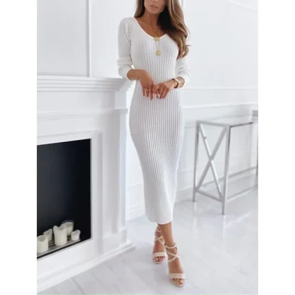 Women's Sweater Dress Knit Dress Jumper Dress Midi Dress Knitwear Warm Fashion Pure Color Outdoor Casual Daily Going out V Neck Long Sleeve Regular Fit Black White khaki S M L XL XXL
